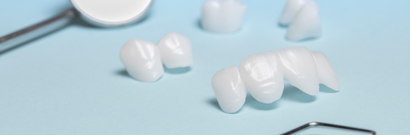 Multiple veneers sitting on blue surface with dental mirror