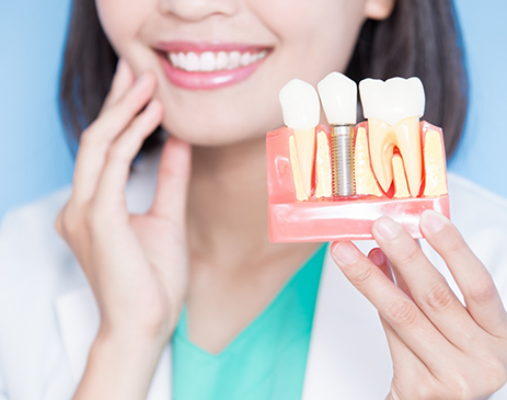 Female dentist holding model of dental implant and smiling